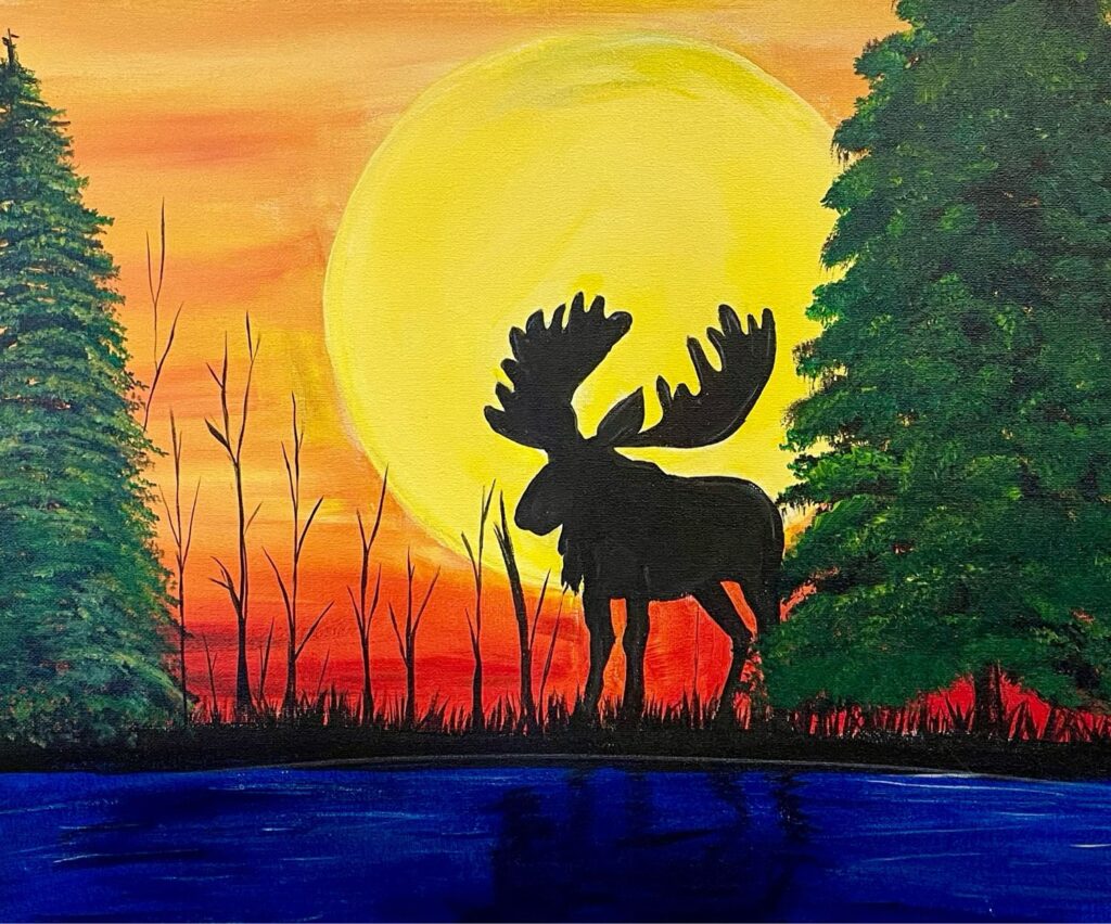 painting of a moose silhouette against a large yellow sun at sunset